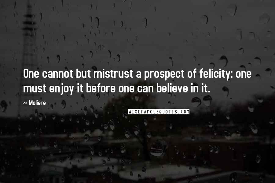 Moliere Quotes: One cannot but mistrust a prospect of felicity: one must enjoy it before one can believe in it.