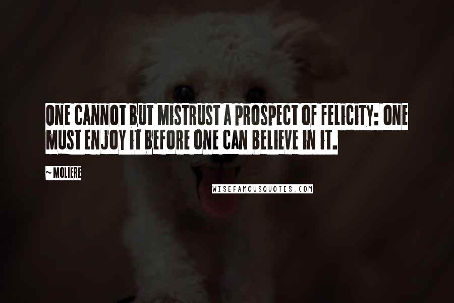 Moliere Quotes: One cannot but mistrust a prospect of felicity: one must enjoy it before one can believe in it.