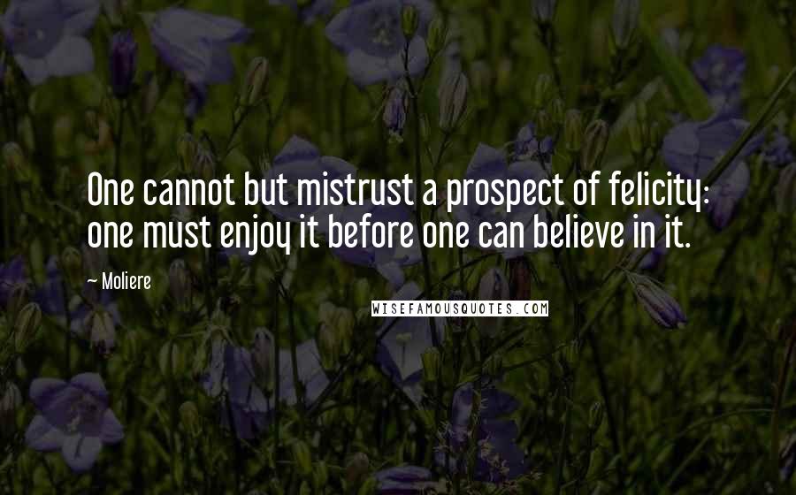 Moliere Quotes: One cannot but mistrust a prospect of felicity: one must enjoy it before one can believe in it.