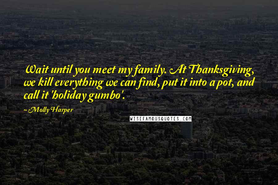 Molly Harper Quotes: Wait until you meet my family. At Thanksgiving, we kill everything we can find, put it into a pot, and call it 'holiday gumbo'.