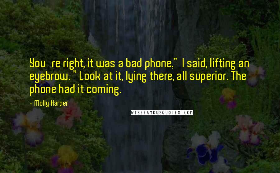 Molly Harper Quotes: You're right, it was a bad phone," I said, lifting an eyebrow. "Look at it, lying there, all superior. The phone had it coming.