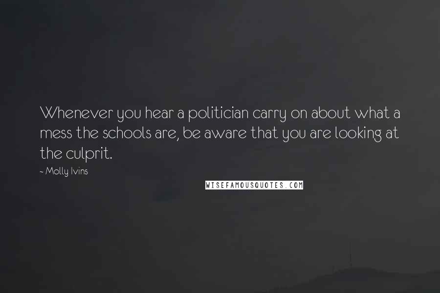 Molly Ivins Quotes: Whenever you hear a politician carry on about what a mess the schools are, be aware that you are looking at the culprit.