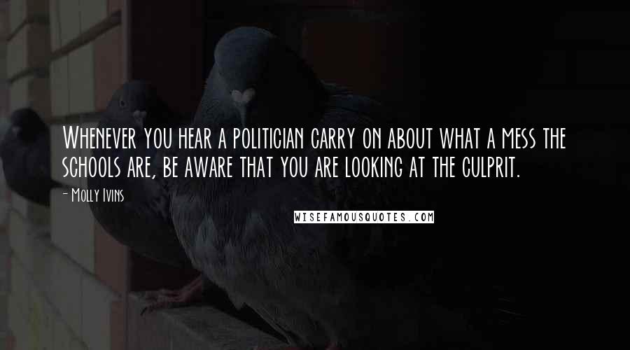 Molly Ivins Quotes: Whenever you hear a politician carry on about what a mess the schools are, be aware that you are looking at the culprit.