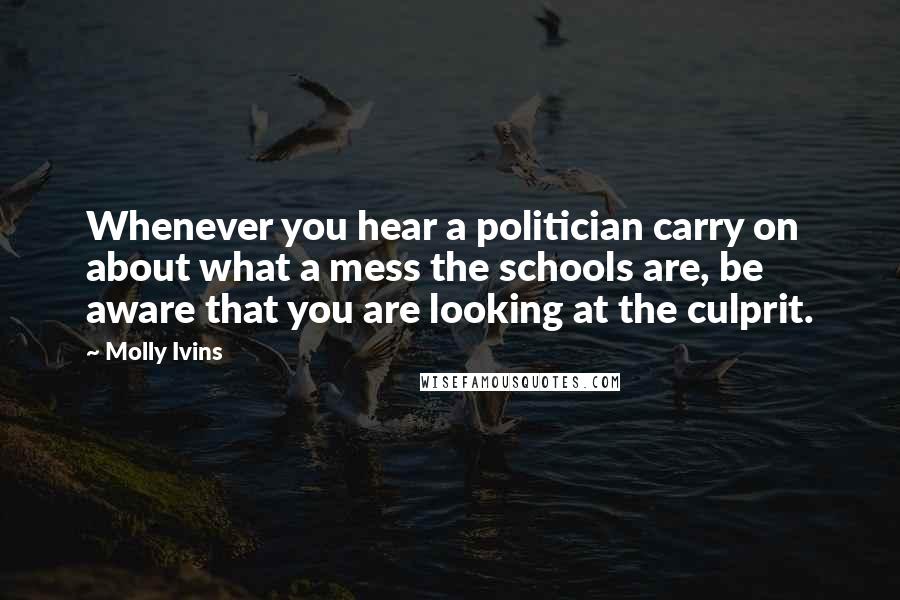 Molly Ivins Quotes: Whenever you hear a politician carry on about what a mess the schools are, be aware that you are looking at the culprit.