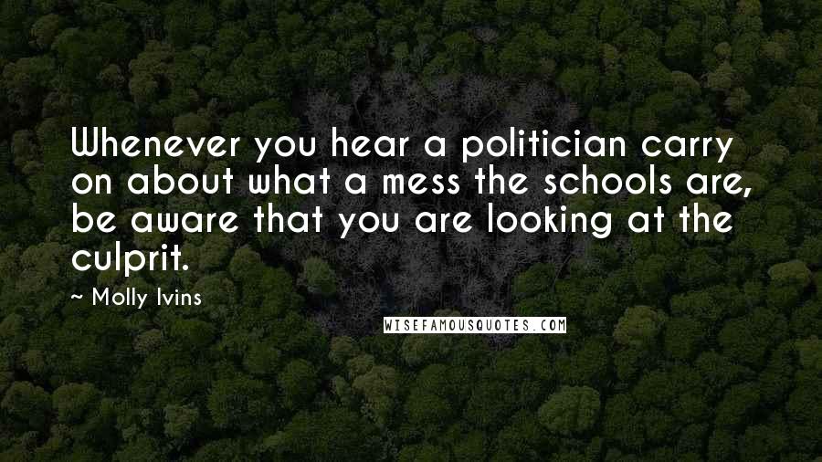 Molly Ivins Quotes: Whenever you hear a politician carry on about what a mess the schools are, be aware that you are looking at the culprit.