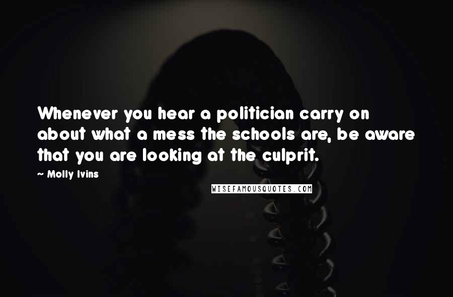 Molly Ivins Quotes: Whenever you hear a politician carry on about what a mess the schools are, be aware that you are looking at the culprit.