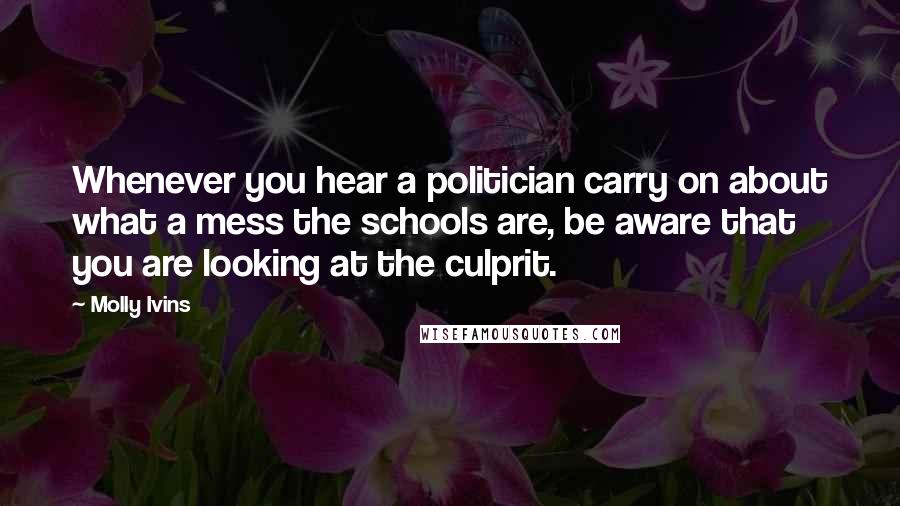 Molly Ivins Quotes: Whenever you hear a politician carry on about what a mess the schools are, be aware that you are looking at the culprit.