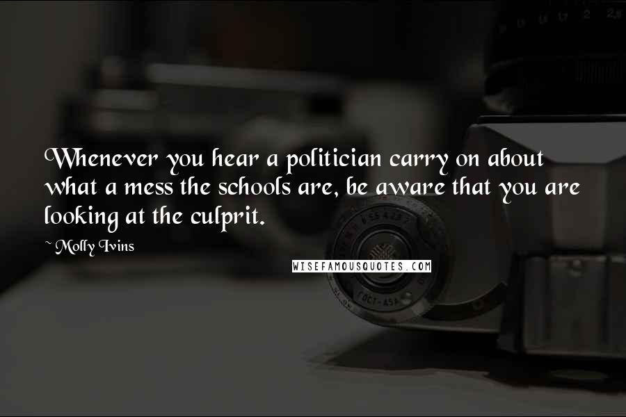 Molly Ivins Quotes: Whenever you hear a politician carry on about what a mess the schools are, be aware that you are looking at the culprit.