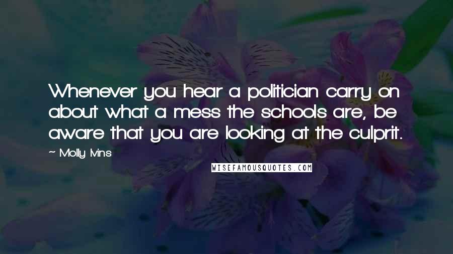 Molly Ivins Quotes: Whenever you hear a politician carry on about what a mess the schools are, be aware that you are looking at the culprit.