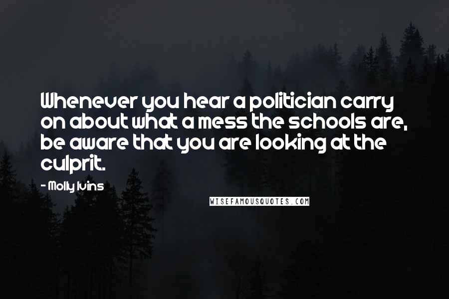 Molly Ivins Quotes: Whenever you hear a politician carry on about what a mess the schools are, be aware that you are looking at the culprit.