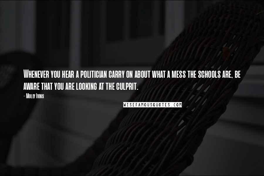 Molly Ivins Quotes: Whenever you hear a politician carry on about what a mess the schools are, be aware that you are looking at the culprit.