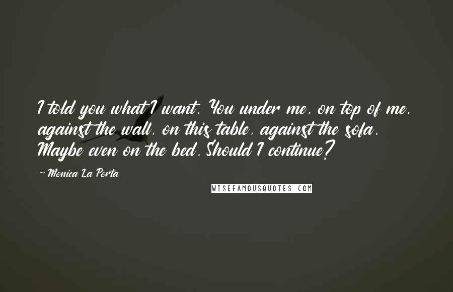 Monica La Porta Quotes: I told you what I want. You under me, on top of me, against the wall, on this table, against the sofa. Maybe even on the bed. Should I continue?