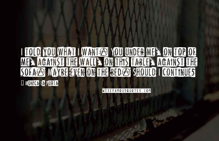 Monica La Porta Quotes: I told you what I want. You under me, on top of me, against the wall, on this table, against the sofa. Maybe even on the bed. Should I continue?