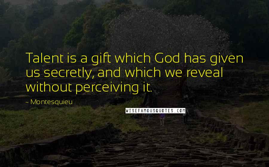 Montesquieu Quotes: Talent is a gift which God has given us secretly, and which we reveal without perceiving it.