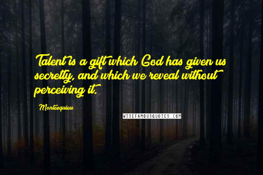 Montesquieu Quotes: Talent is a gift which God has given us secretly, and which we reveal without perceiving it.