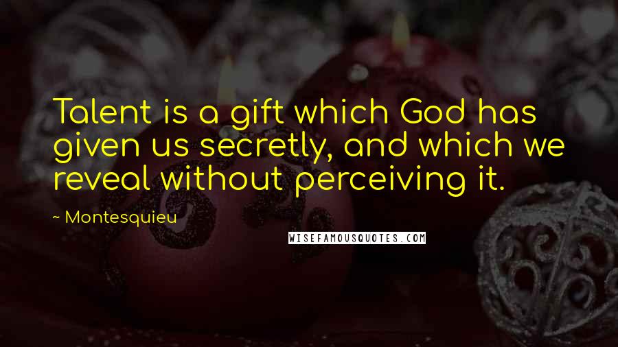 Montesquieu Quotes: Talent is a gift which God has given us secretly, and which we reveal without perceiving it.