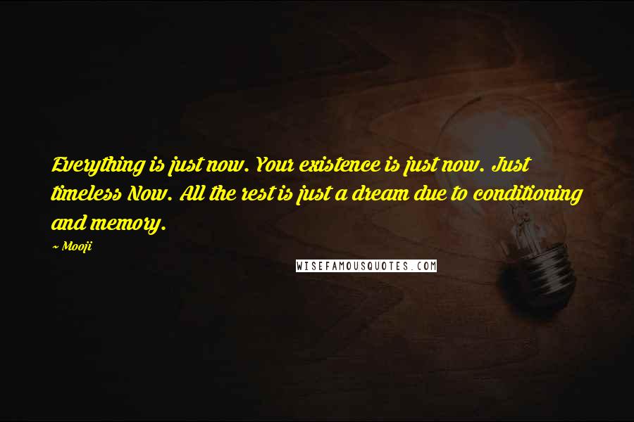 Mooji Quotes: Everything is just now. Your existence is just now. Just timeless Now. All the rest is just a dream due to conditioning and memory.