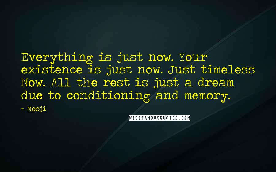 Mooji Quotes: Everything is just now. Your existence is just now. Just timeless Now. All the rest is just a dream due to conditioning and memory.