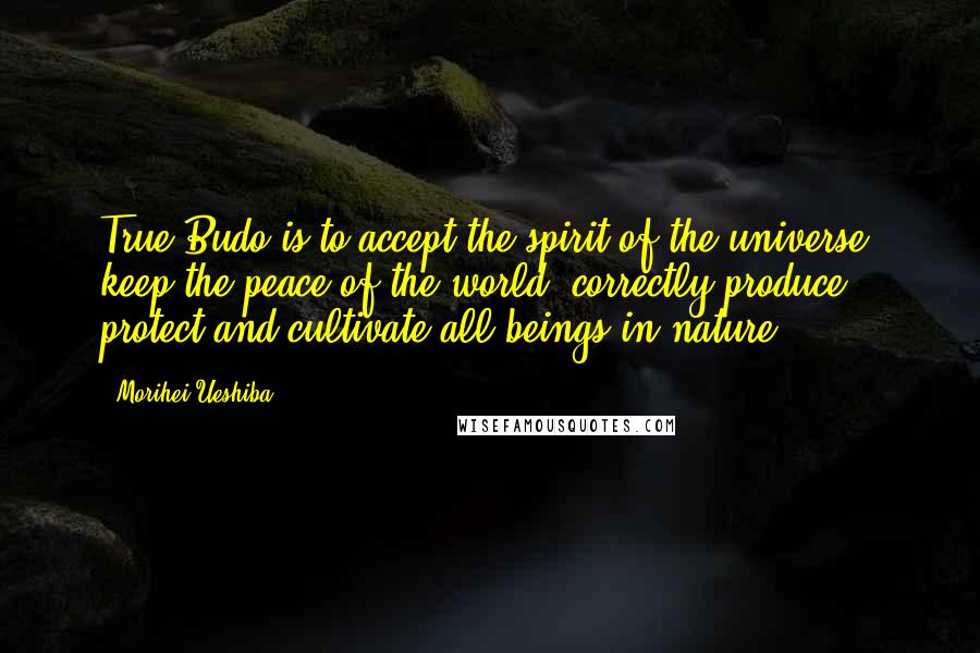 Morihei Ueshiba Quotes: True Budo is to accept the spirit of the universe, keep the peace of the world, correctly produce, protect and cultivate all beings in nature.