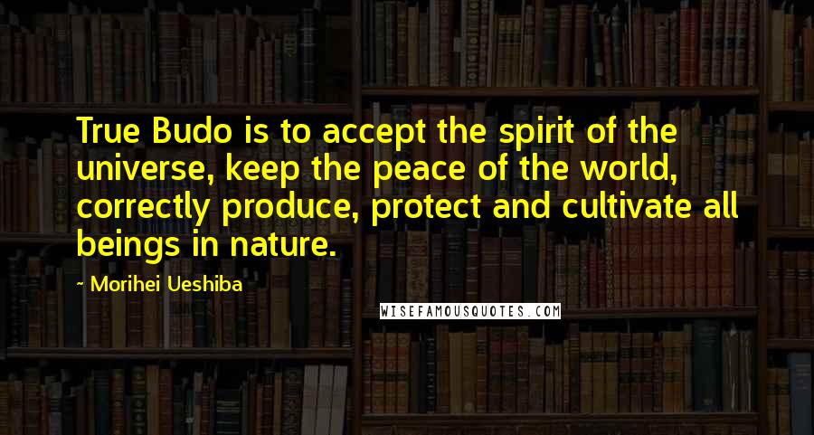 Morihei Ueshiba Quotes: True Budo is to accept the spirit of the universe, keep the peace of the world, correctly produce, protect and cultivate all beings in nature.