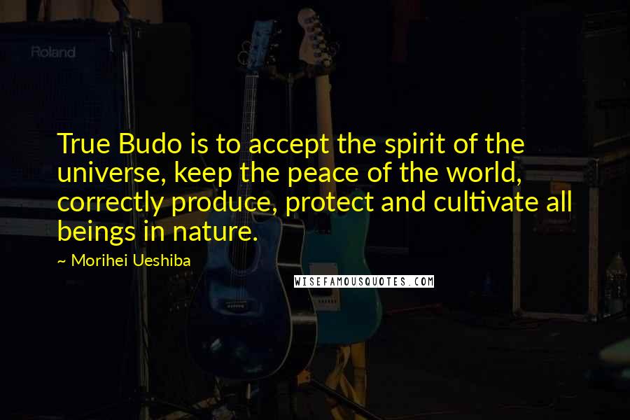 Morihei Ueshiba Quotes: True Budo is to accept the spirit of the universe, keep the peace of the world, correctly produce, protect and cultivate all beings in nature.