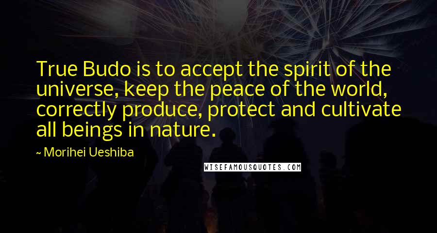 Morihei Ueshiba Quotes: True Budo is to accept the spirit of the universe, keep the peace of the world, correctly produce, protect and cultivate all beings in nature.