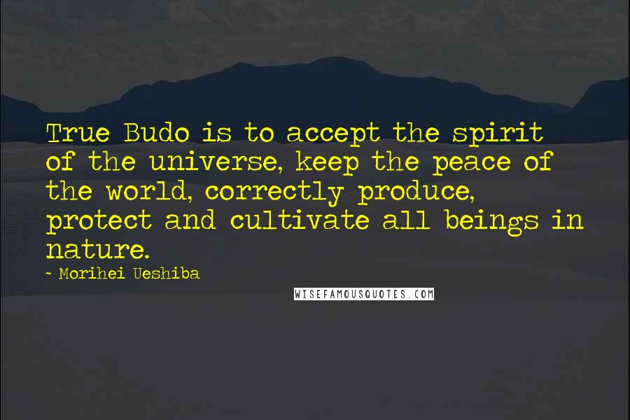 Morihei Ueshiba Quotes: True Budo is to accept the spirit of the universe, keep the peace of the world, correctly produce, protect and cultivate all beings in nature.