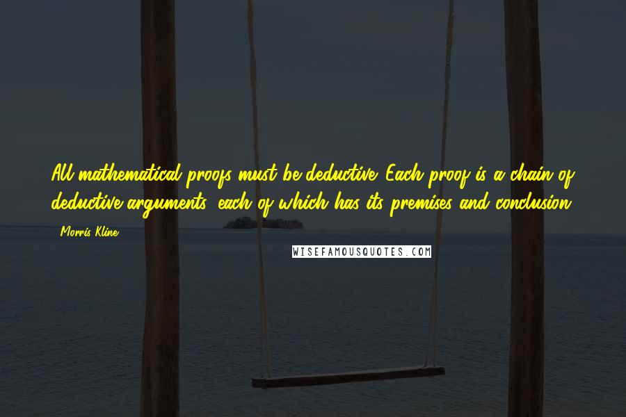 Morris Kline Quotes: All mathematical proofs must be deductive. Each proof is a chain of deductive arguments, each of which has its premises and conclusion.