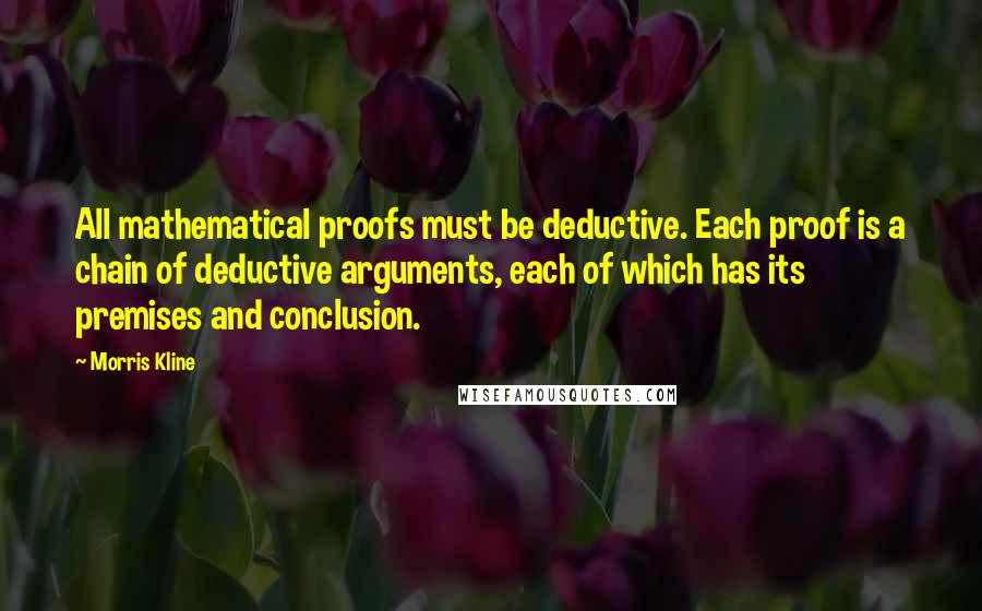 Morris Kline Quotes: All mathematical proofs must be deductive. Each proof is a chain of deductive arguments, each of which has its premises and conclusion.