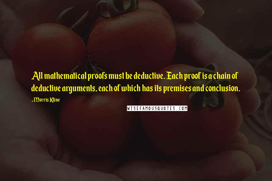 Morris Kline Quotes: All mathematical proofs must be deductive. Each proof is a chain of deductive arguments, each of which has its premises and conclusion.