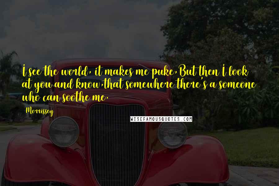 Morrissey Quotes: I see the world, it makes me puke,But then I look at you and know,that somewhere there's a someone who can soothe me.