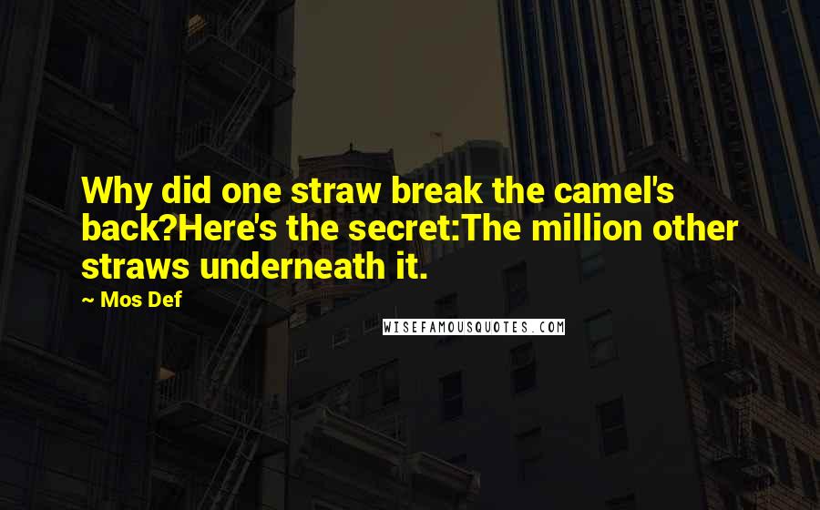 Mos Def Quotes: Why did one straw break the camel's back?Here's the secret:The million other straws underneath it.