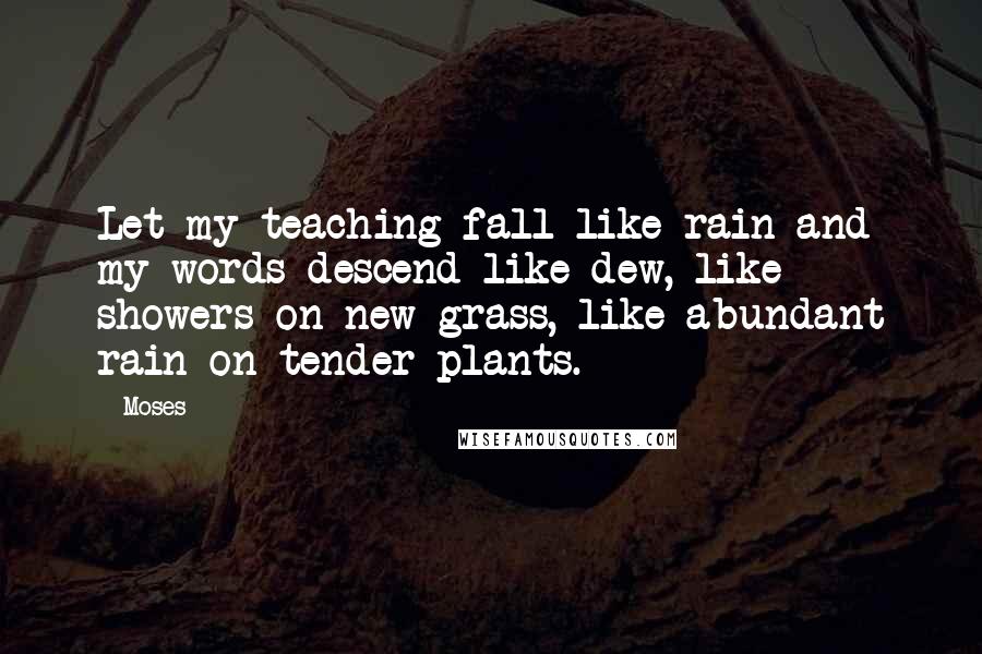 Moses Quotes: Let my teaching fall like rain and my words descend like dew, like showers on new grass, like abundant rain on tender plants.