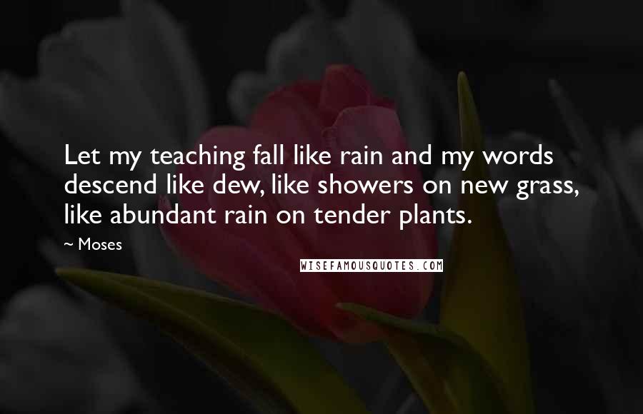Moses Quotes: Let my teaching fall like rain and my words descend like dew, like showers on new grass, like abundant rain on tender plants.