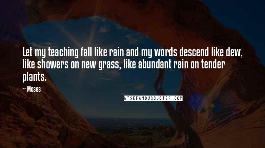 Moses Quotes: Let my teaching fall like rain and my words descend like dew, like showers on new grass, like abundant rain on tender plants.