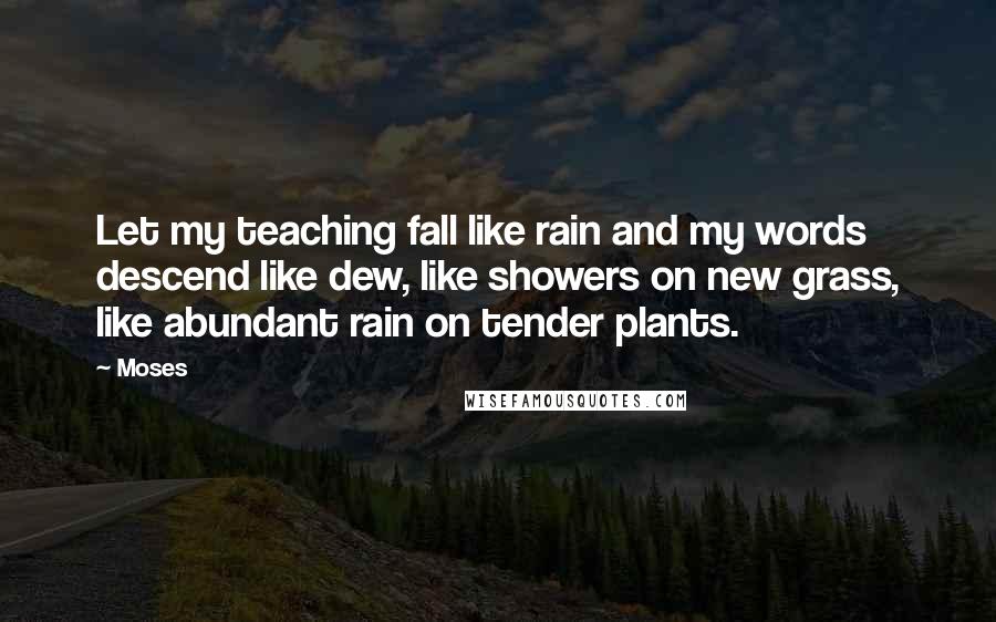 Moses Quotes: Let my teaching fall like rain and my words descend like dew, like showers on new grass, like abundant rain on tender plants.