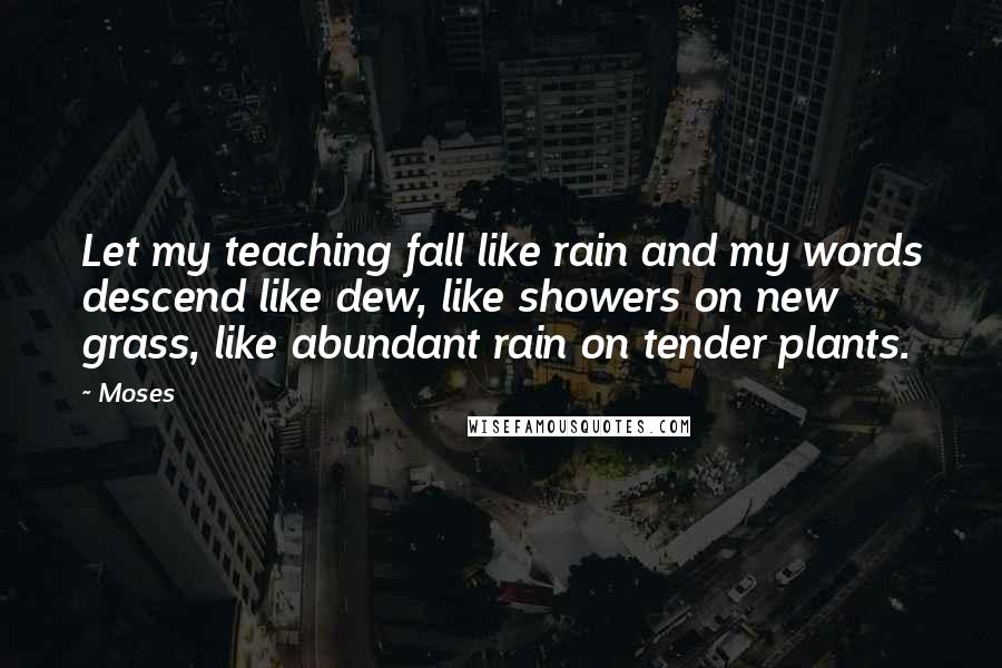 Moses Quotes: Let my teaching fall like rain and my words descend like dew, like showers on new grass, like abundant rain on tender plants.