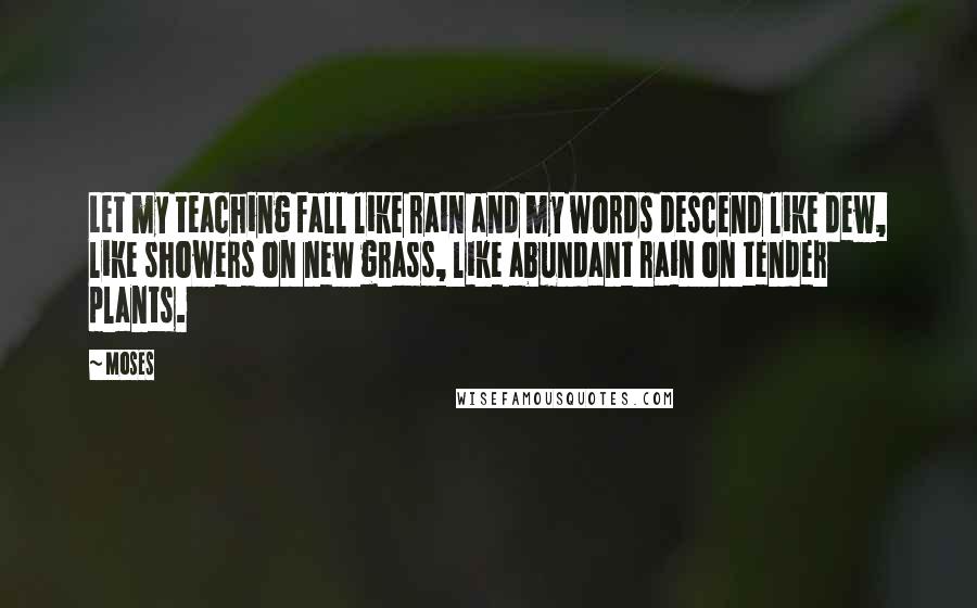 Moses Quotes: Let my teaching fall like rain and my words descend like dew, like showers on new grass, like abundant rain on tender plants.