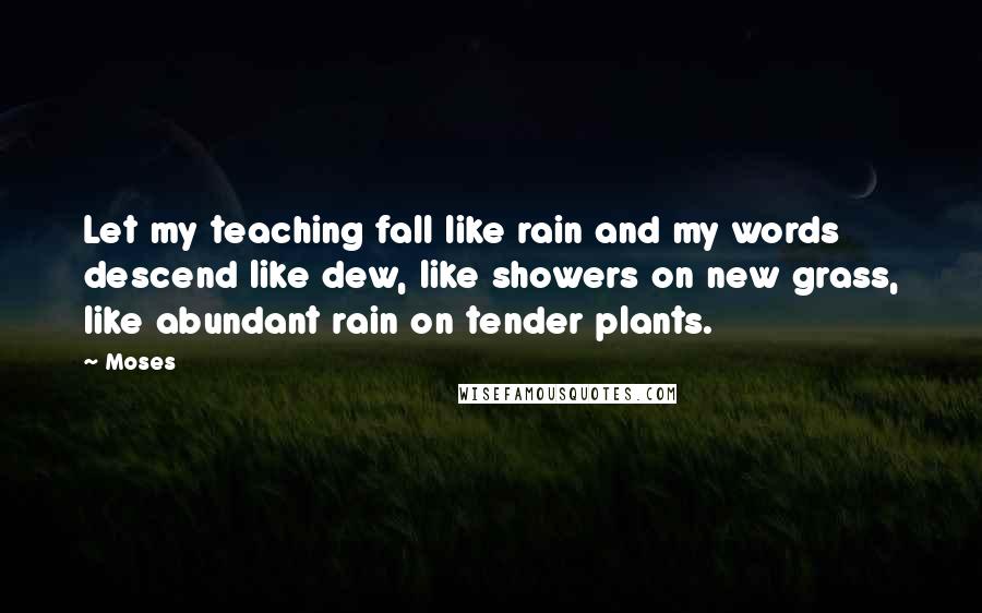 Moses Quotes: Let my teaching fall like rain and my words descend like dew, like showers on new grass, like abundant rain on tender plants.