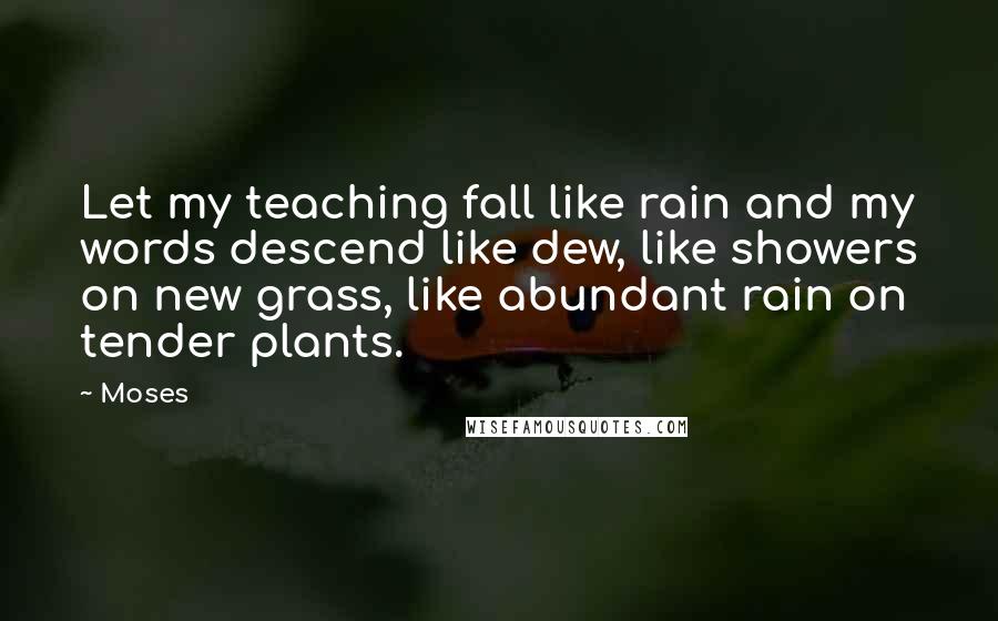 Moses Quotes: Let my teaching fall like rain and my words descend like dew, like showers on new grass, like abundant rain on tender plants.