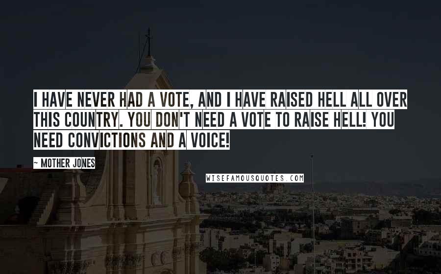Mother Jones Quotes: I have never had a vote, and I have raised hell all over this country. You don't need a vote to raise hell! You need convictions and a voice!