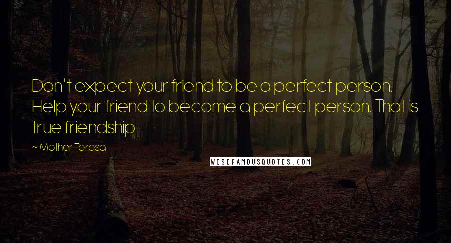 Mother Teresa Quotes: Don't expect your friend to be a perfect person. Help your friend to become a perfect person. That is true friendship