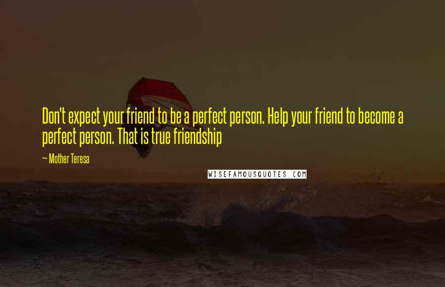 Mother Teresa Quotes: Don't expect your friend to be a perfect person. Help your friend to become a perfect person. That is true friendship