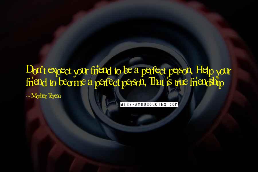 Mother Teresa Quotes: Don't expect your friend to be a perfect person. Help your friend to become a perfect person. That is true friendship