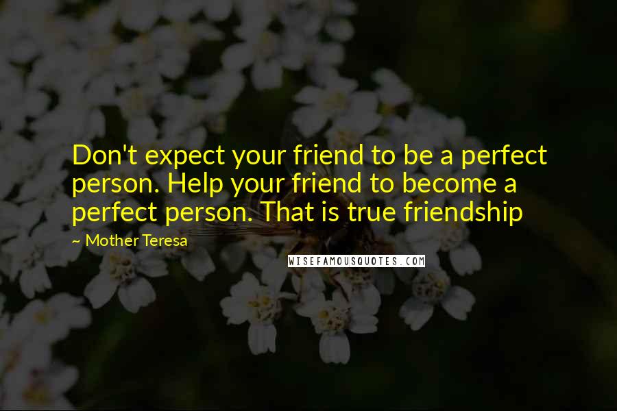 Mother Teresa Quotes: Don't expect your friend to be a perfect person. Help your friend to become a perfect person. That is true friendship