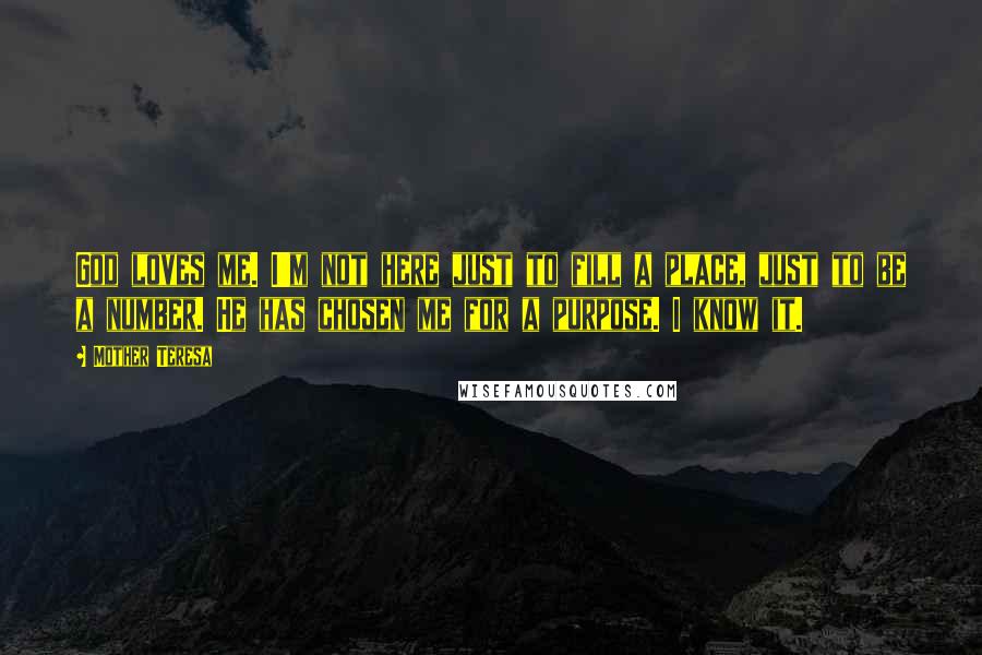 Mother Teresa Quotes: God loves me. I'm not here just to fill a place, just to be a number. He has chosen me for a purpose. I know it.