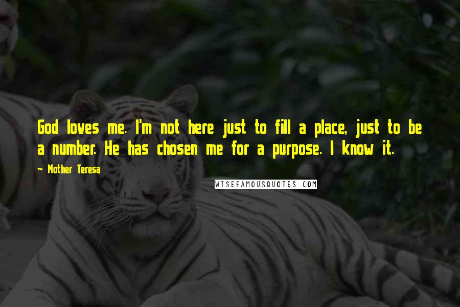 Mother Teresa Quotes: God loves me. I'm not here just to fill a place, just to be a number. He has chosen me for a purpose. I know it.