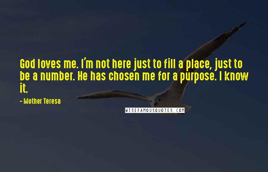 Mother Teresa Quotes: God loves me. I'm not here just to fill a place, just to be a number. He has chosen me for a purpose. I know it.