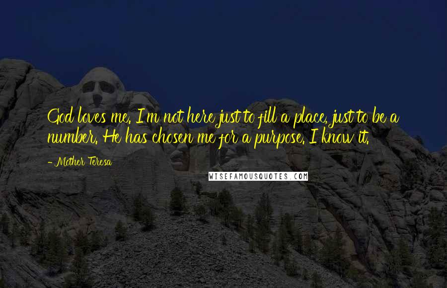 Mother Teresa Quotes: God loves me. I'm not here just to fill a place, just to be a number. He has chosen me for a purpose. I know it.