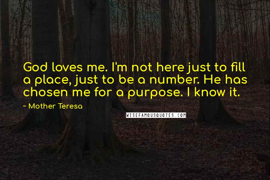 Mother Teresa Quotes: God loves me. I'm not here just to fill a place, just to be a number. He has chosen me for a purpose. I know it.